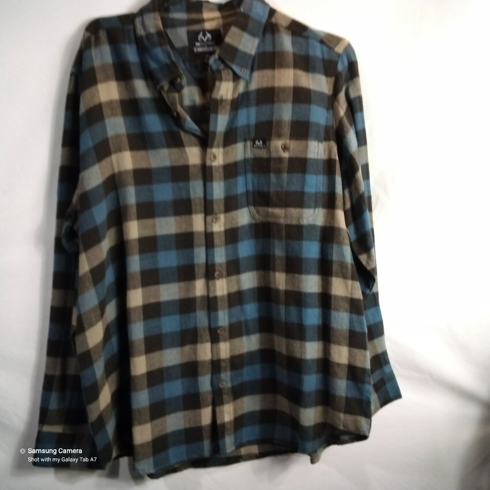 Realtree by Staghorn Creek Long Sleeve Blue Tan & Brown Flannel Shirt Sz XL NWT